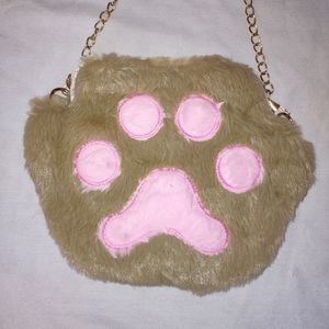 Furry Paw Print Shoulder Bag Pink Tan Kawaii Cottagecore Princess Casual Party